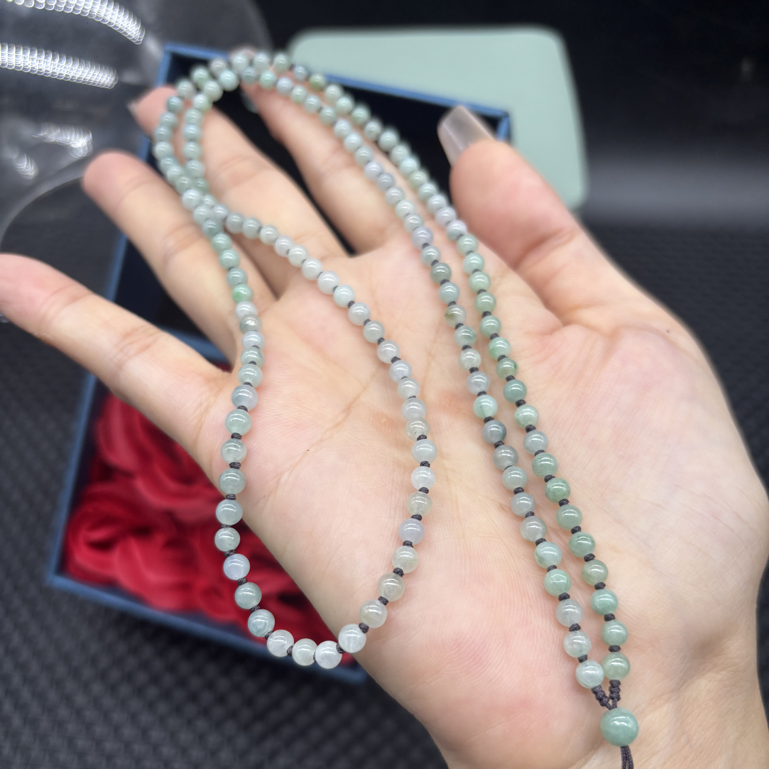 福利天然缅甸A货翡翠晴水圆珠4mm玉石挂件绳毛衣链项链长链百搭款