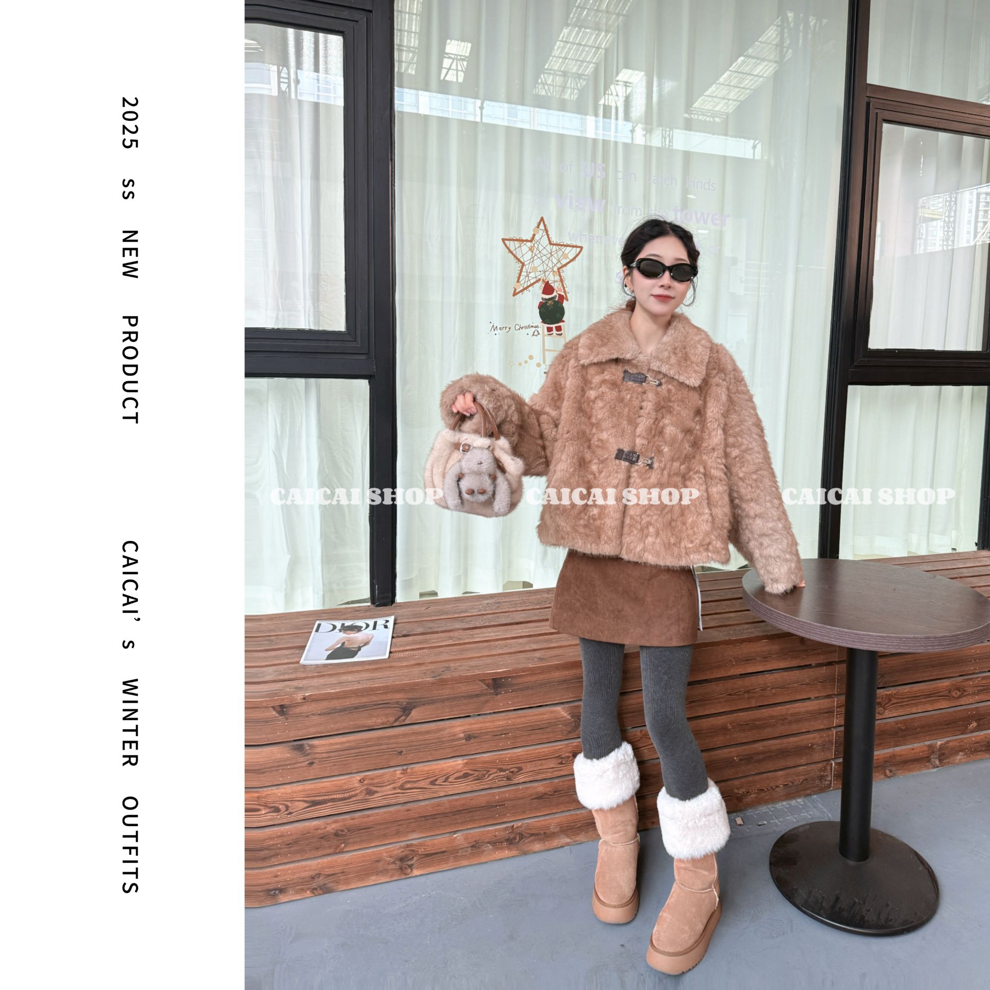 XIANZAI冬季新款毛绒翻领长袖厚款短款单排扣保暖外套20251129013