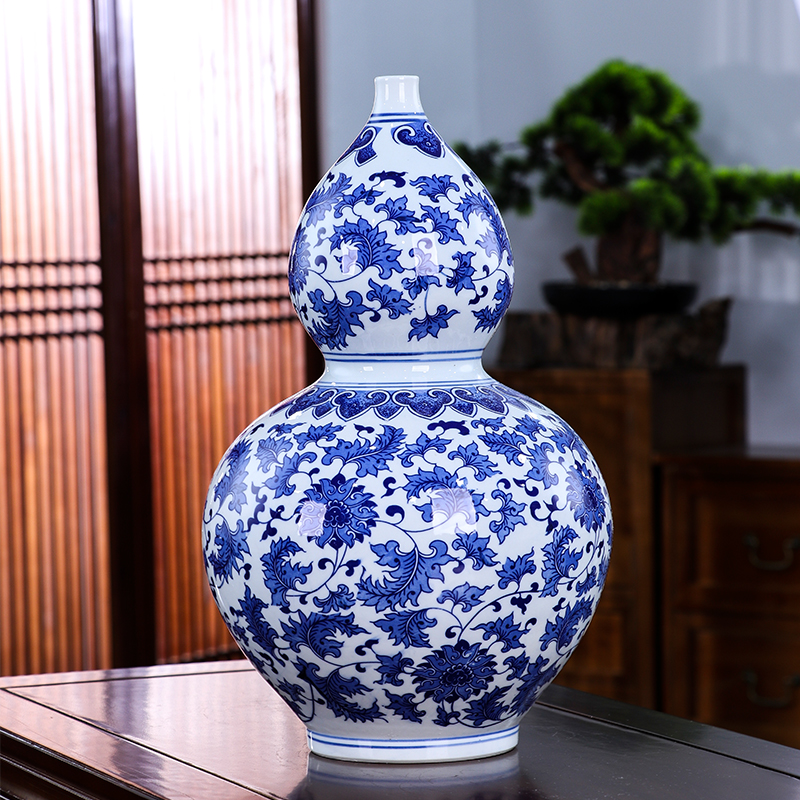 景德镇陶瓷器青花瓷花瓶摆件釉下大葫芦手工制作客厅办公室装饰品