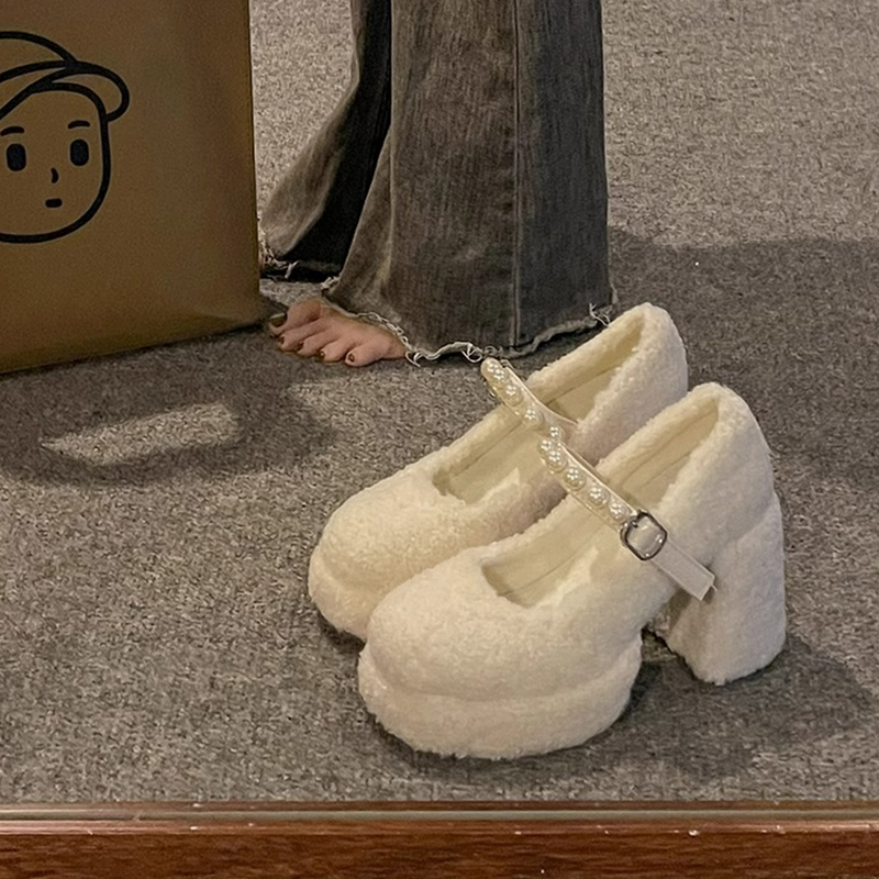 法式复古珍珠加绒高跟鞋女2024秋冬新款粗跟配裙子玛丽珍毛毛单鞋