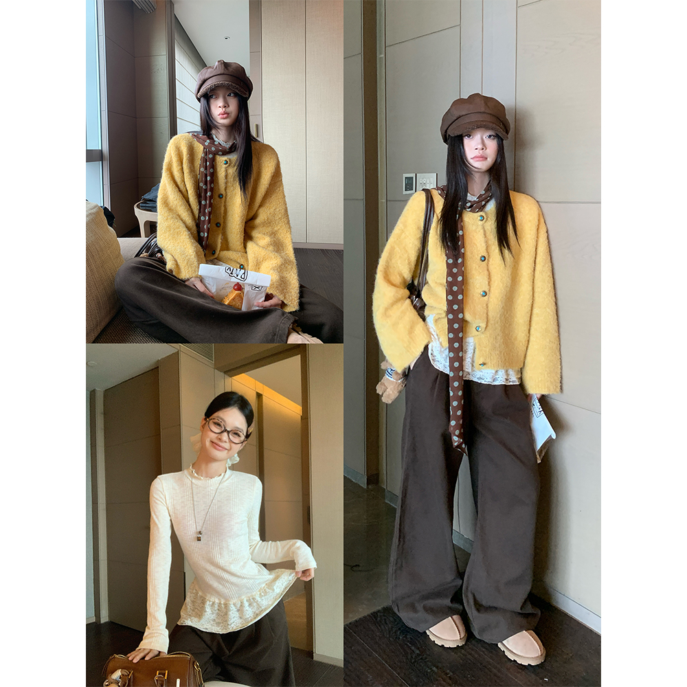 黄色圈圈纱宽松毛衣针织开衫外套+木耳边蕾丝花边打底衫23258#