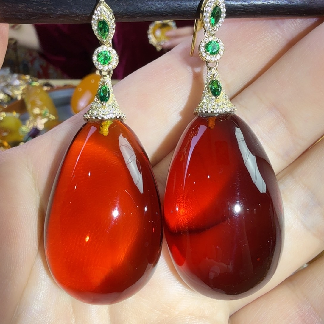 血珀银S925镀金镶嵌耳环