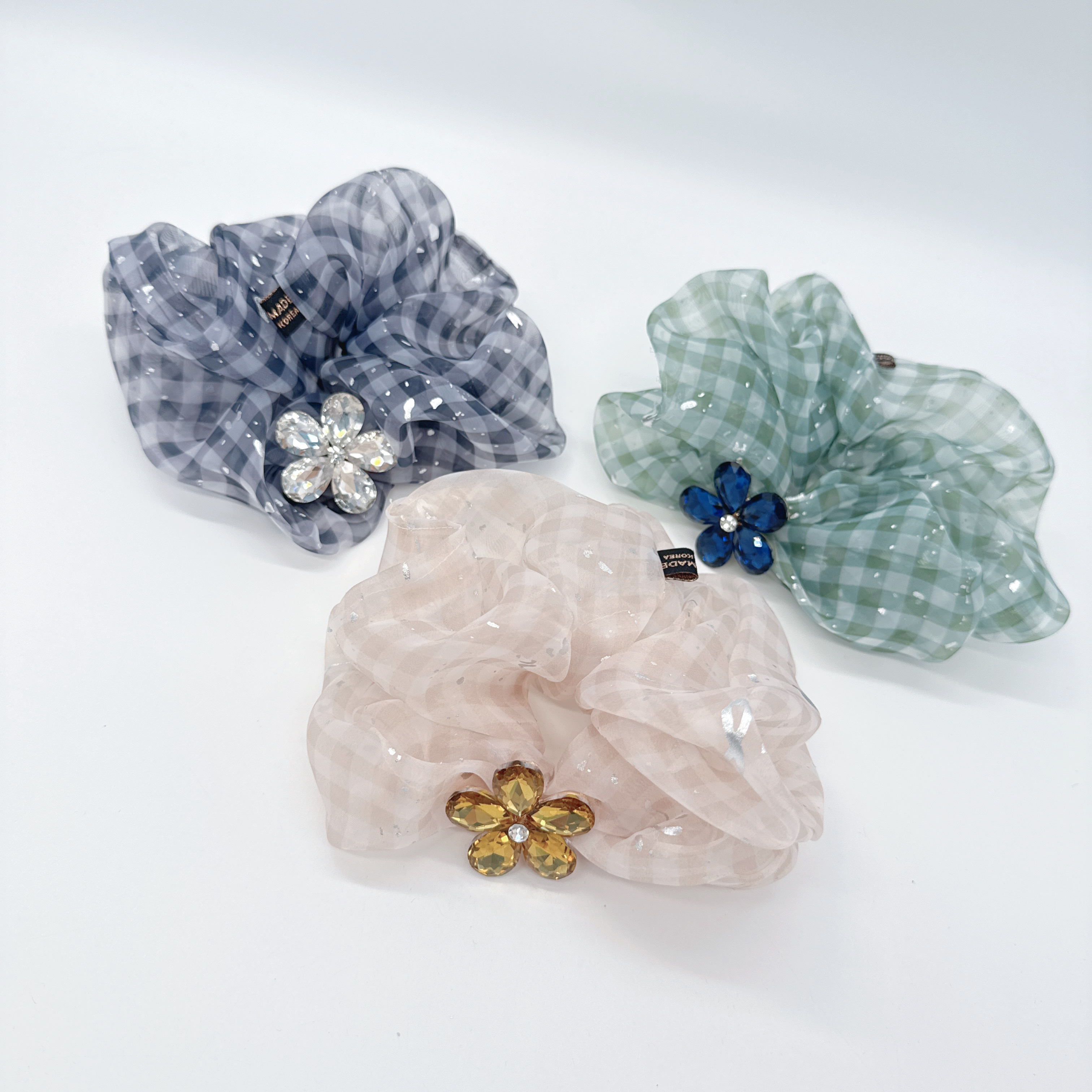 Mi33 韩代饰品 布艺格子闪钻花朵大肠发圈 H085006