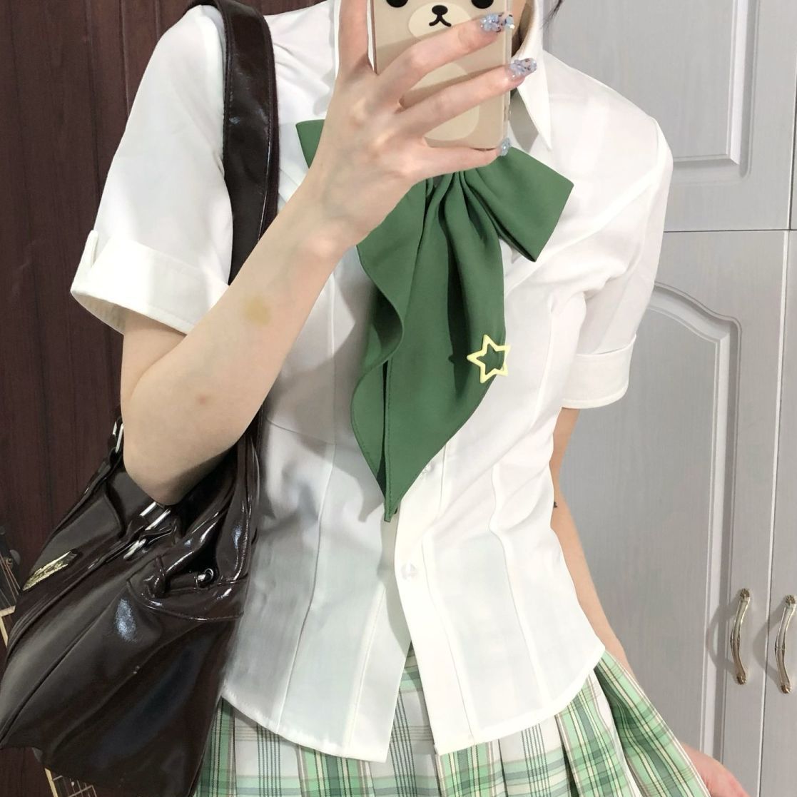 鹿语蝶JK基础款收腰衬衫修身校供感学院风白色短袖jk制服短款上衣