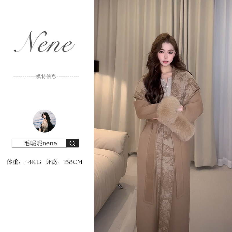 毛呢呢nene/ 缪斯情话 100%頂奢澳洲羔羊Di*素描印花双面呢大衣