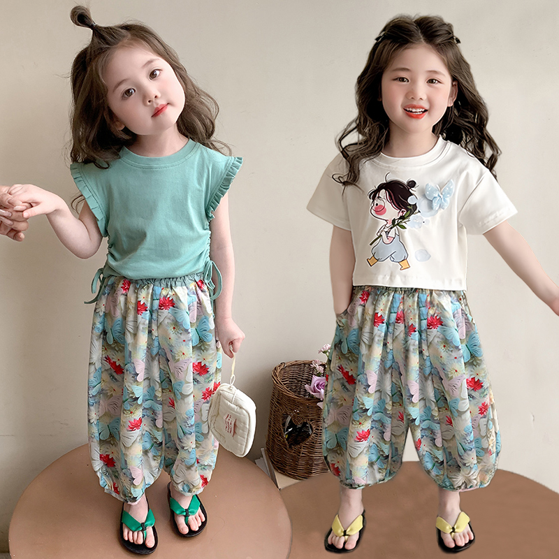 【绿野仙踪】女小童夏季飞袖套装2025新款宝宝碎花防蚊裤夏装两件套