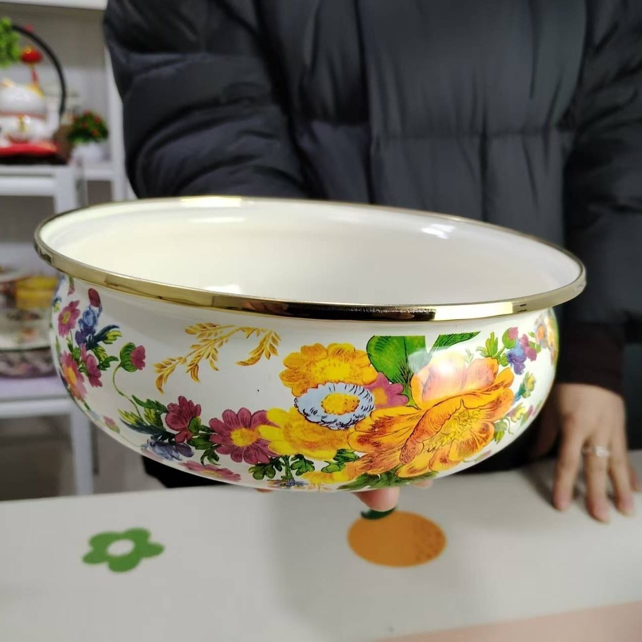 20公分加厚外贸依兰花搪瓷汤盆如意盆1个（带硅胶盖）