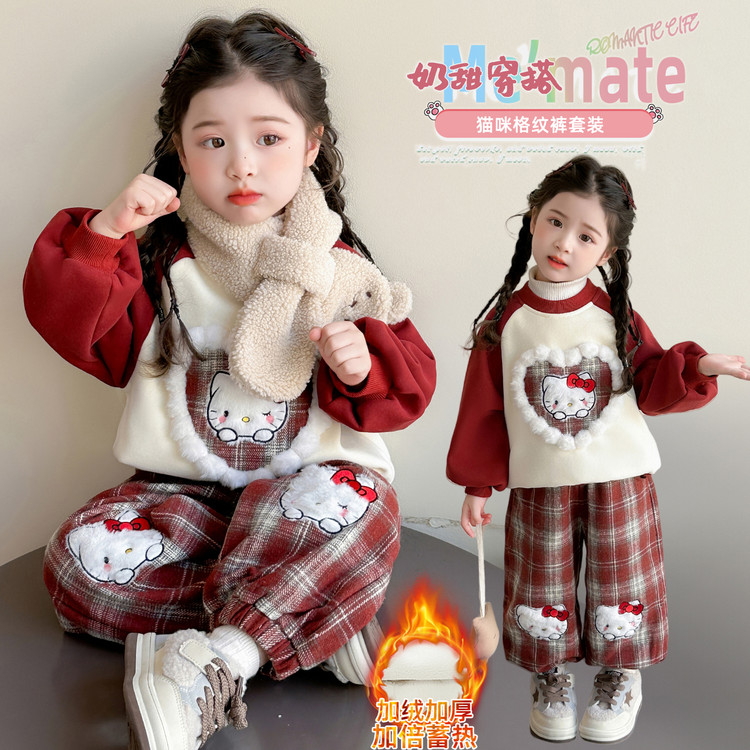 格子秋冬女女童秋冬加绒猫咪套装韩版厚款四季通用