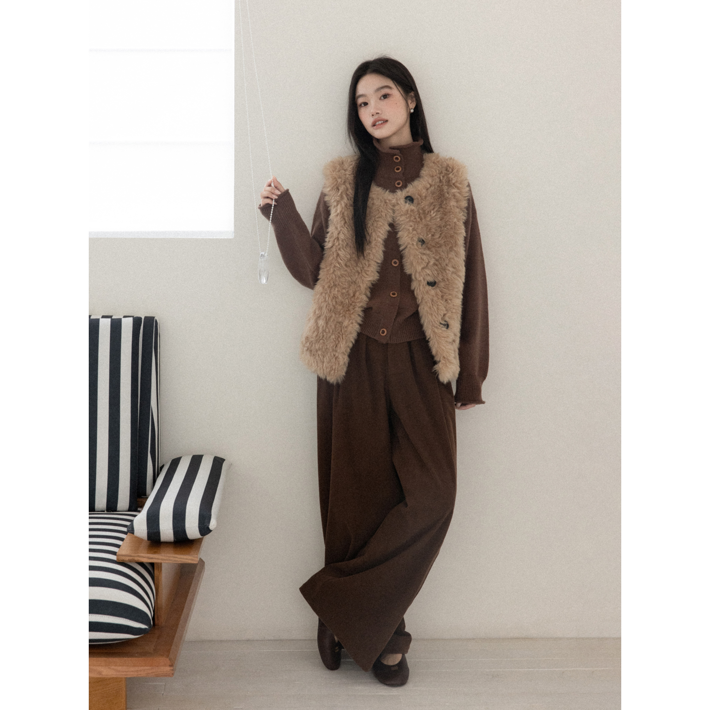 羊城故事韩版咖色宽松高腰显瘦阔腿休闲裤女冬直筒裤 Y51155214