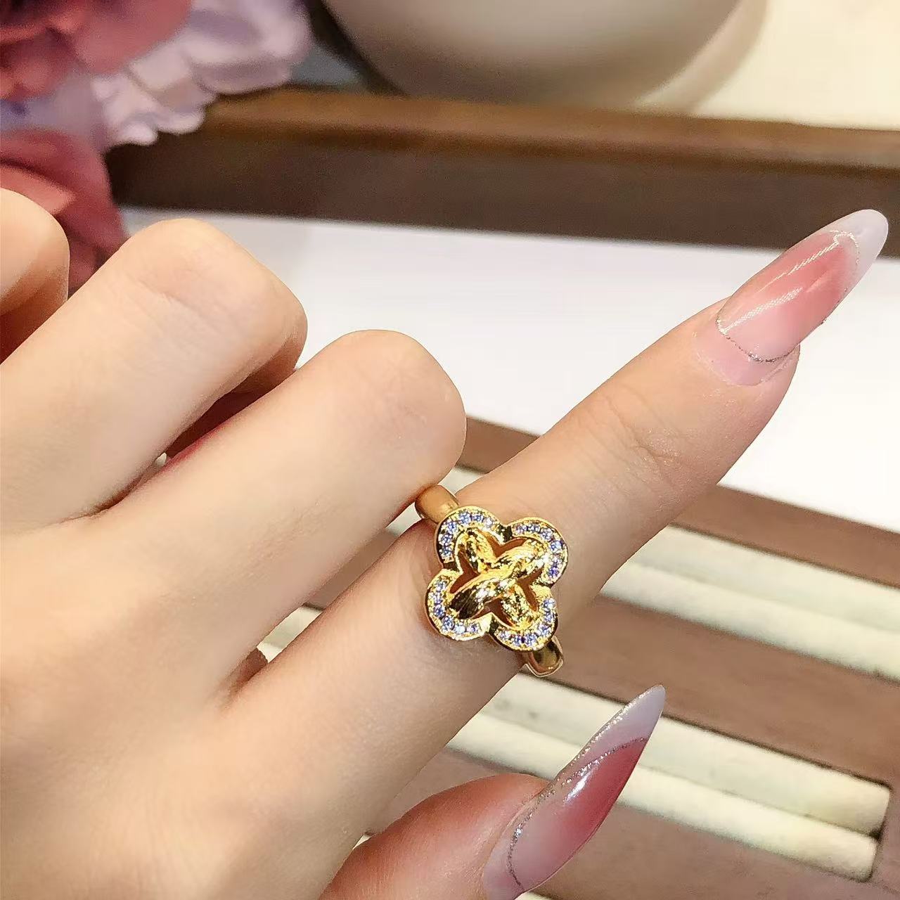 铜合金戒指 四叶草戒指新中式小众设计轻奢素圈简约女指环AR-163