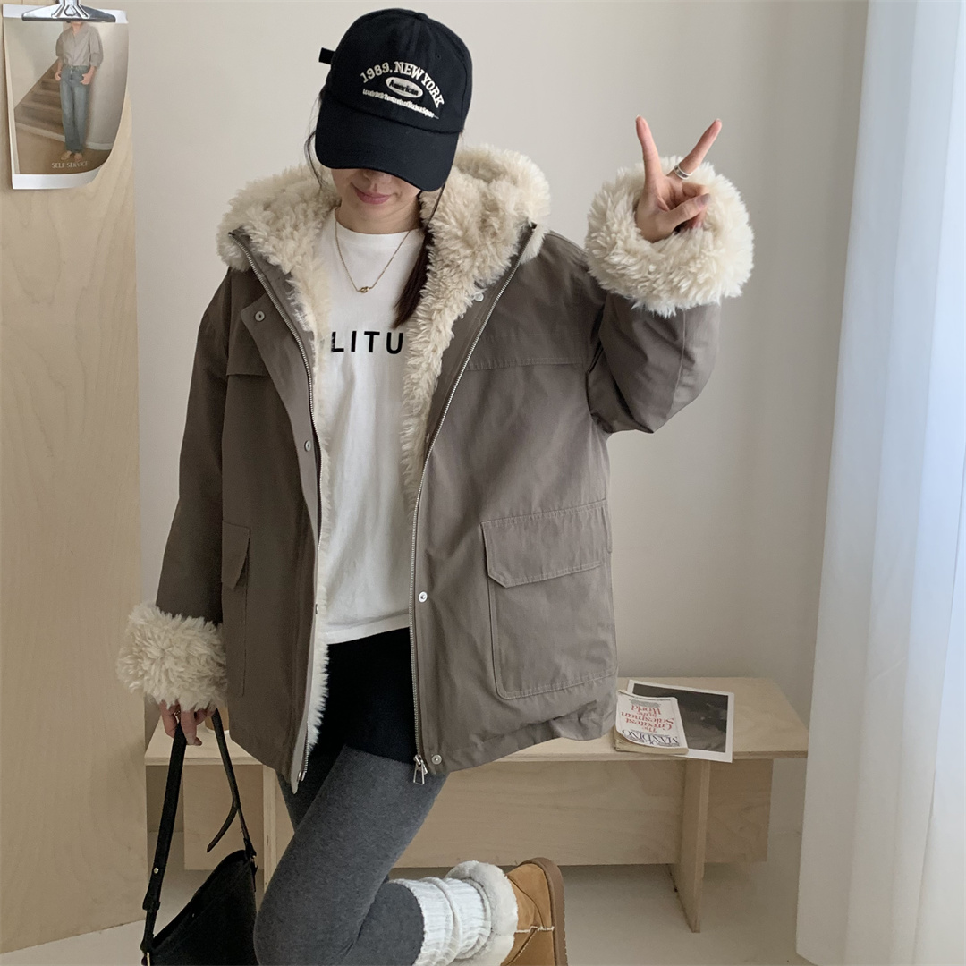 【森野拼图】韩版加绒加厚仿羊羔毛派克服保暖连帽棉服外套