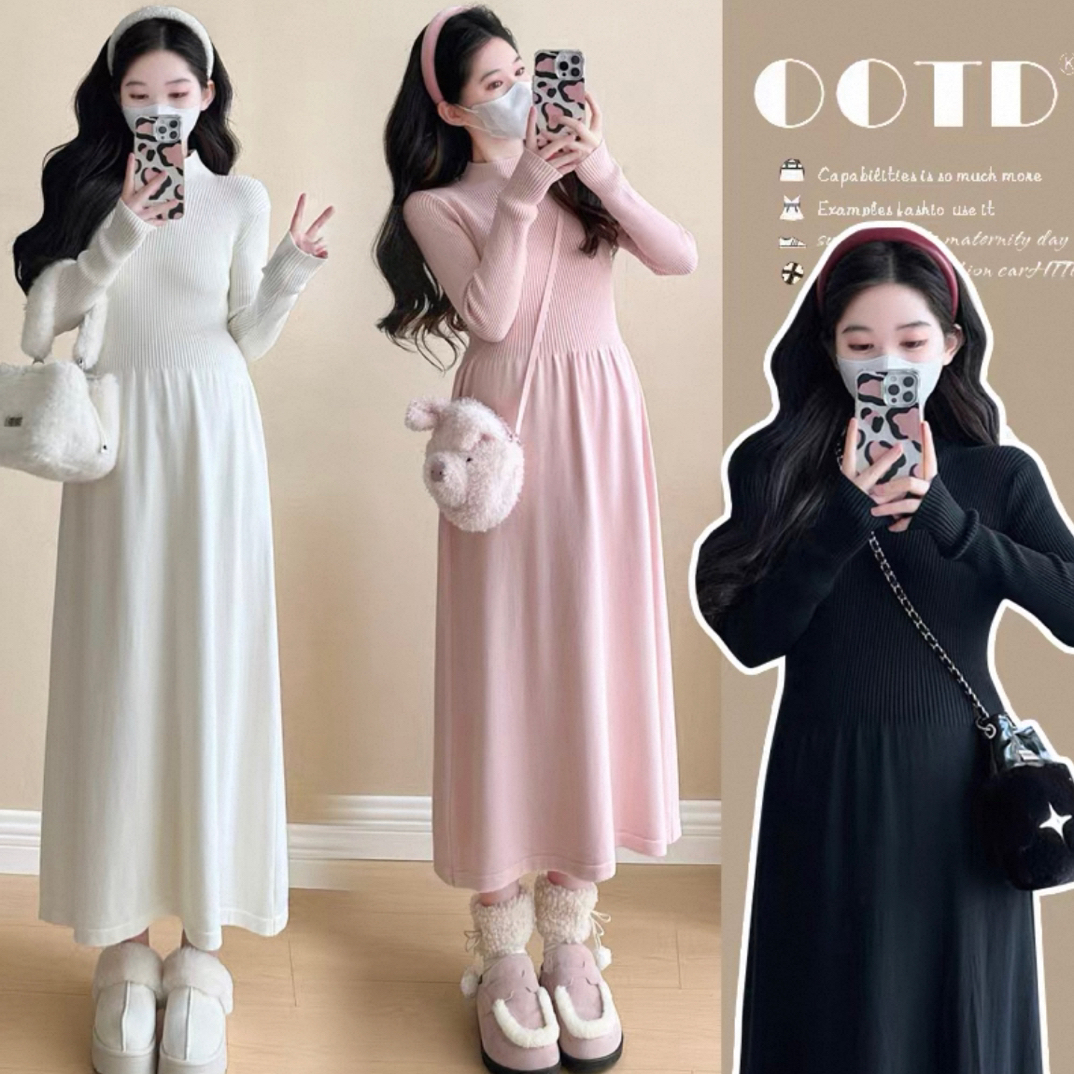 孕妇秋冬显瘦半高领针织连衣裙时尚过膝长裙加厚保暖冬装外穿