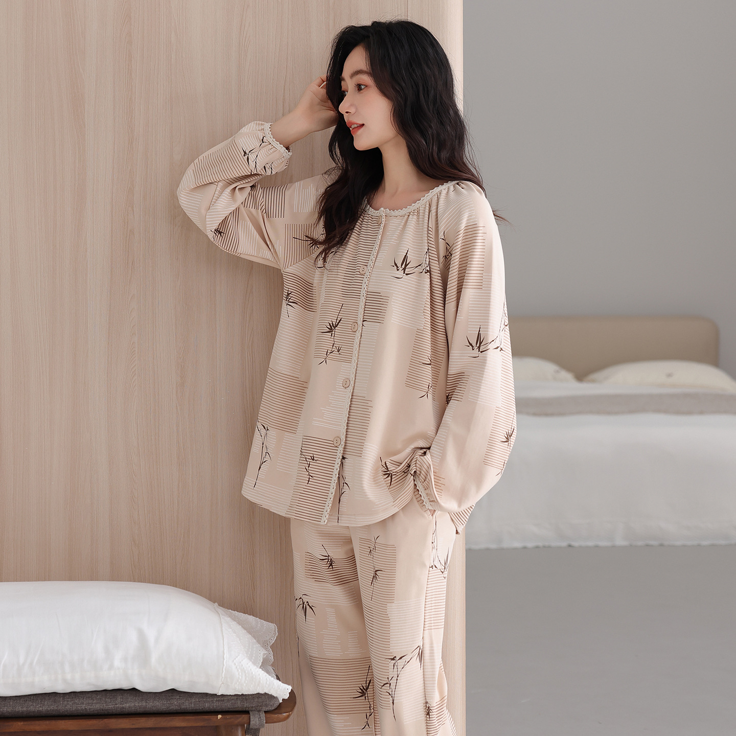 睡衣女春秋季纯棉长袖高级加大码宽松妈妈家居服