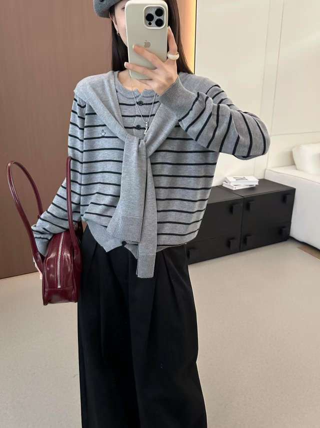 永丽家条纹复古港风针织长袖女毛针织衫上衣毛衣韩版外搭时尚百搭