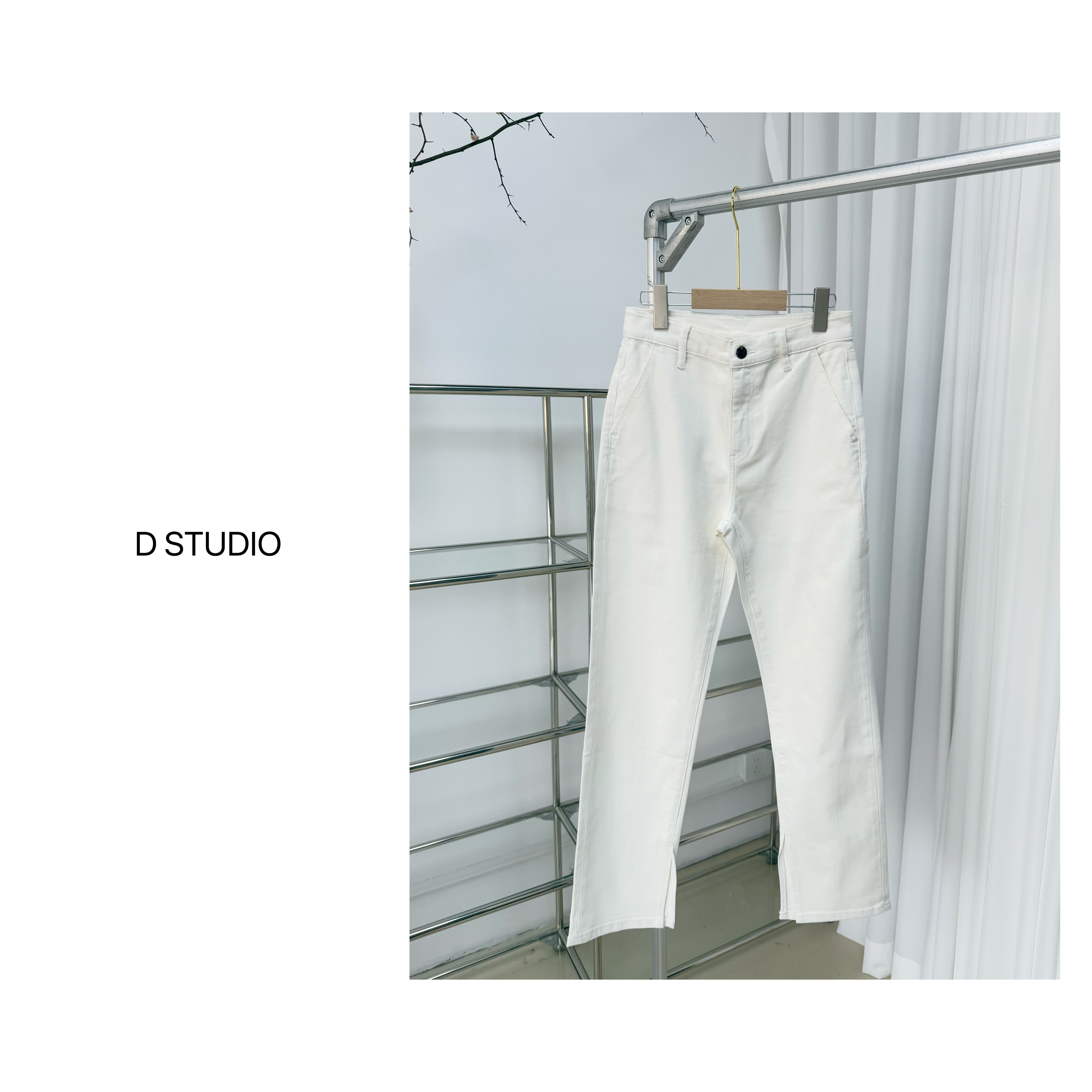 D STUDIO白色直筒开叉牛仔裤D2318