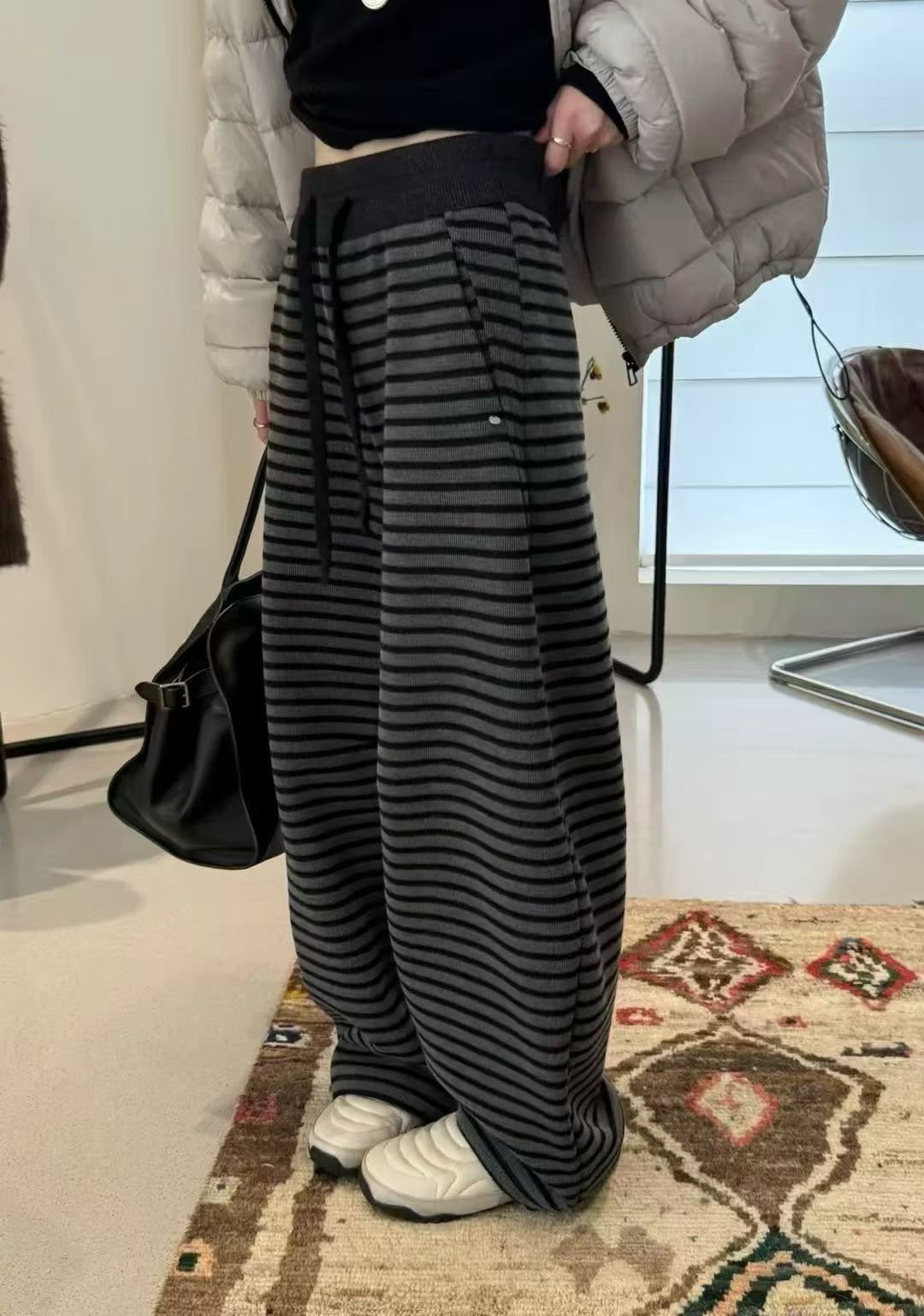 条纹宽松休闲阔腿裤百搭秋冬直筒慵懒风加绒运动裤子冬季卫裤