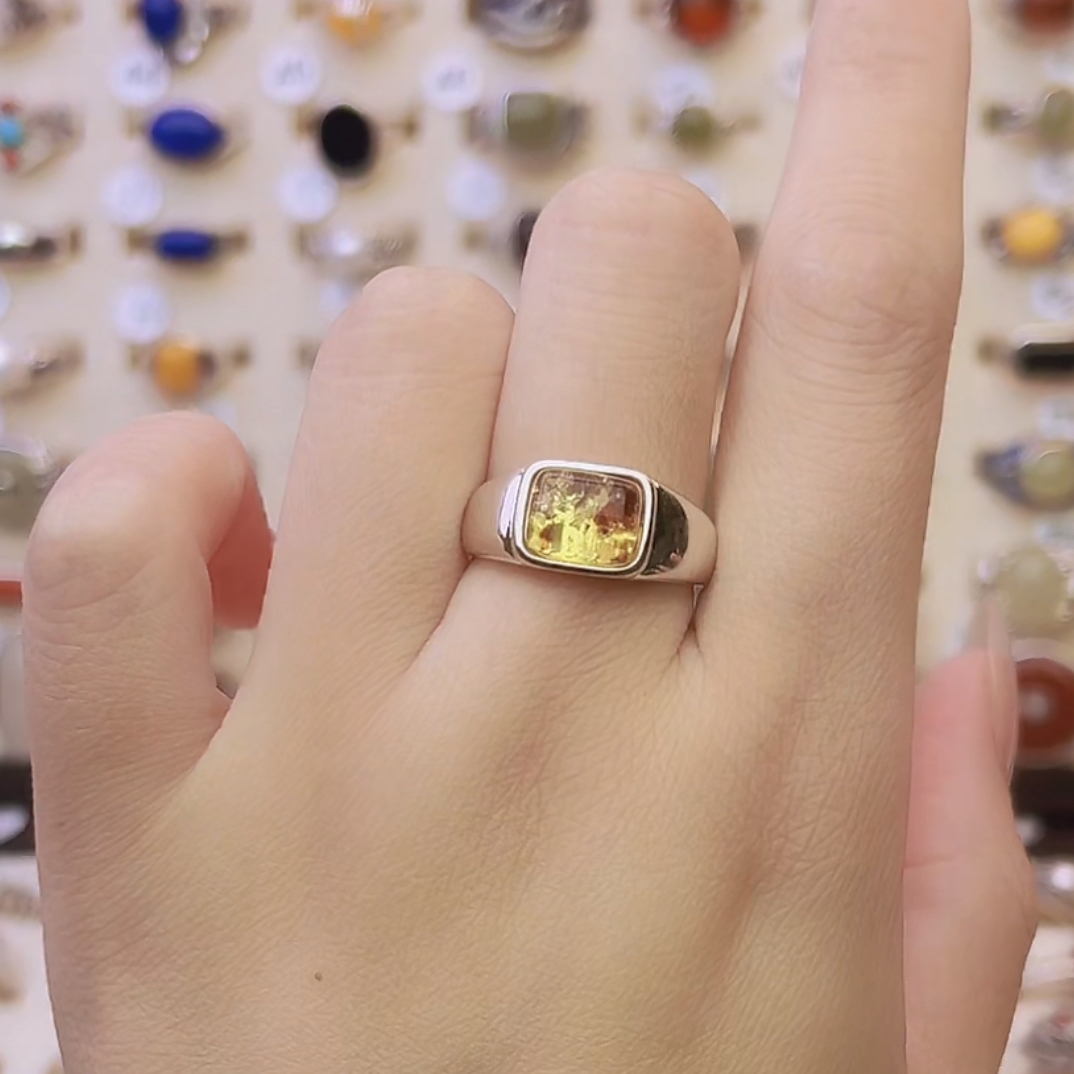 S925银镶嵌花色琥珀方糖款时尚简约高级