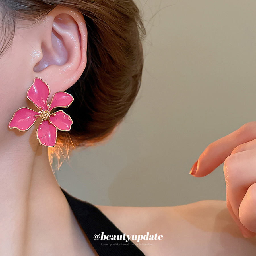 银针滴油粉色花朵耳环女时尚甜美耳钉轻奢高级气质超仙简约百搭