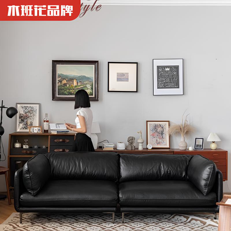 木班花皮艺沙发客厅意式极简办公接待复古油蜡皮黑色直排小户型