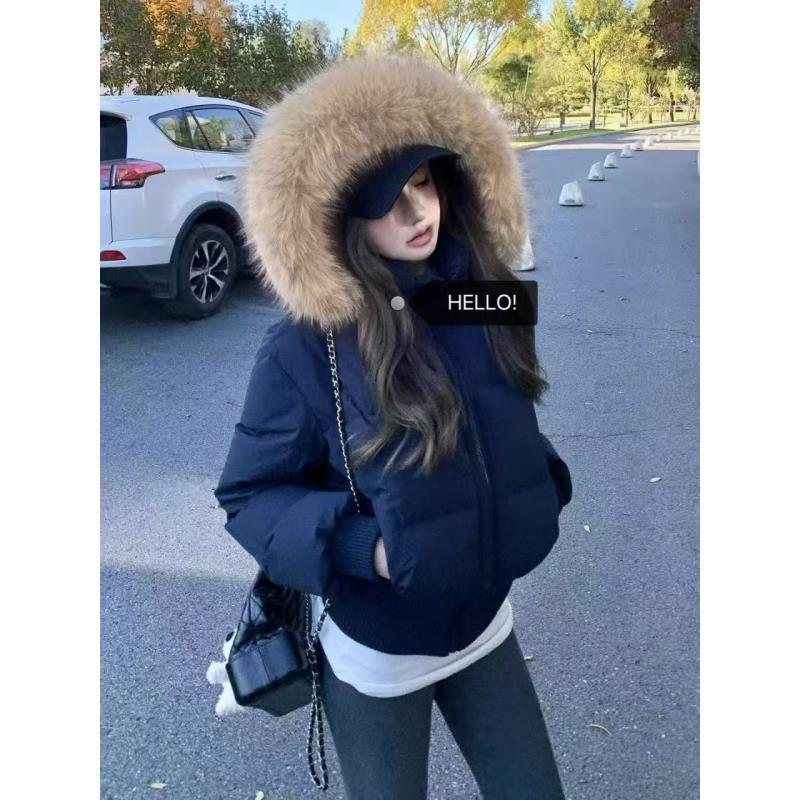 小雅姐姐 美式复古大毛领可拆卸厚款氛围感短款连帽棉服KI10