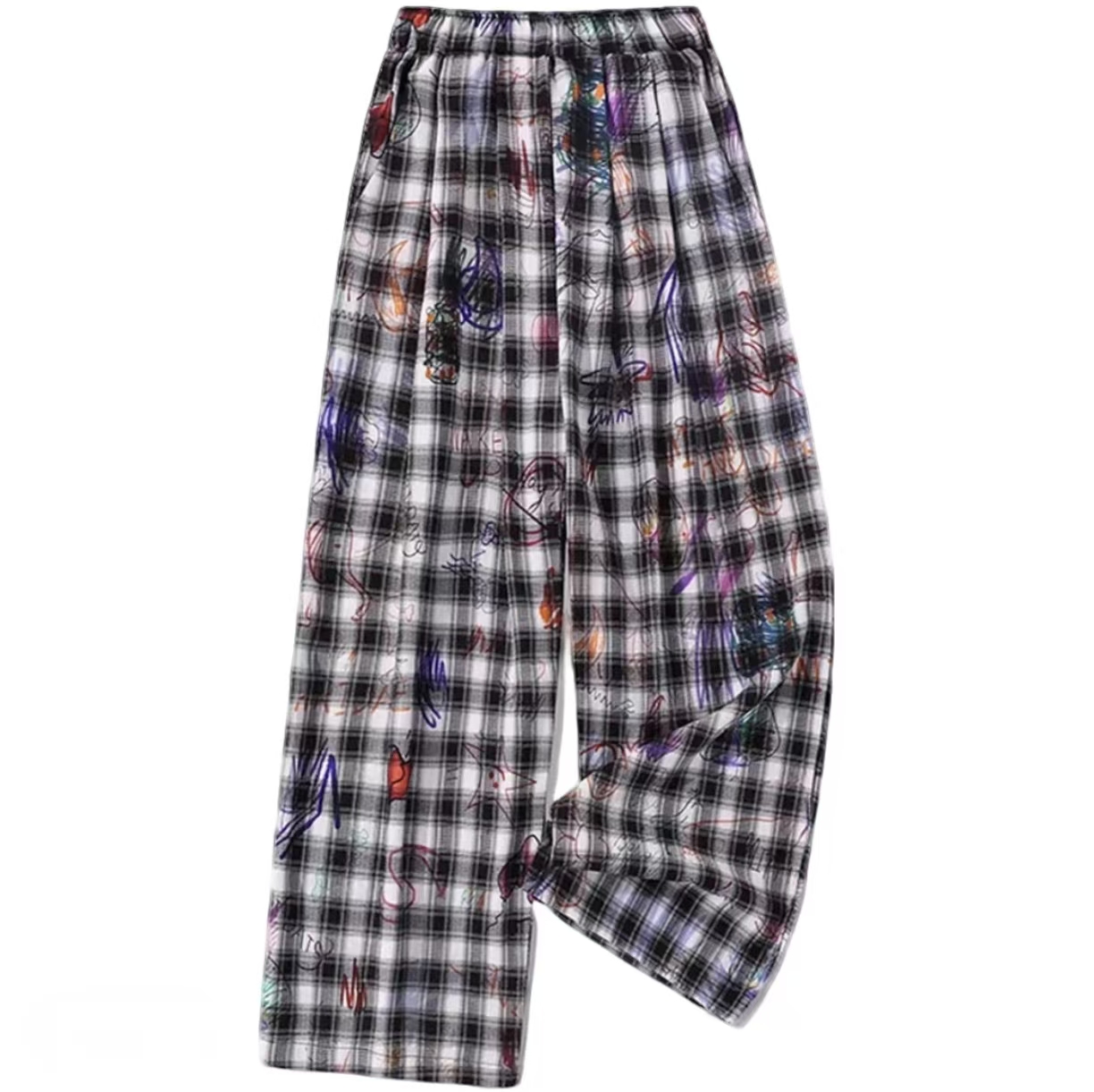 深圳南油小众设计师新品黑格子涂鸦阔腿裤