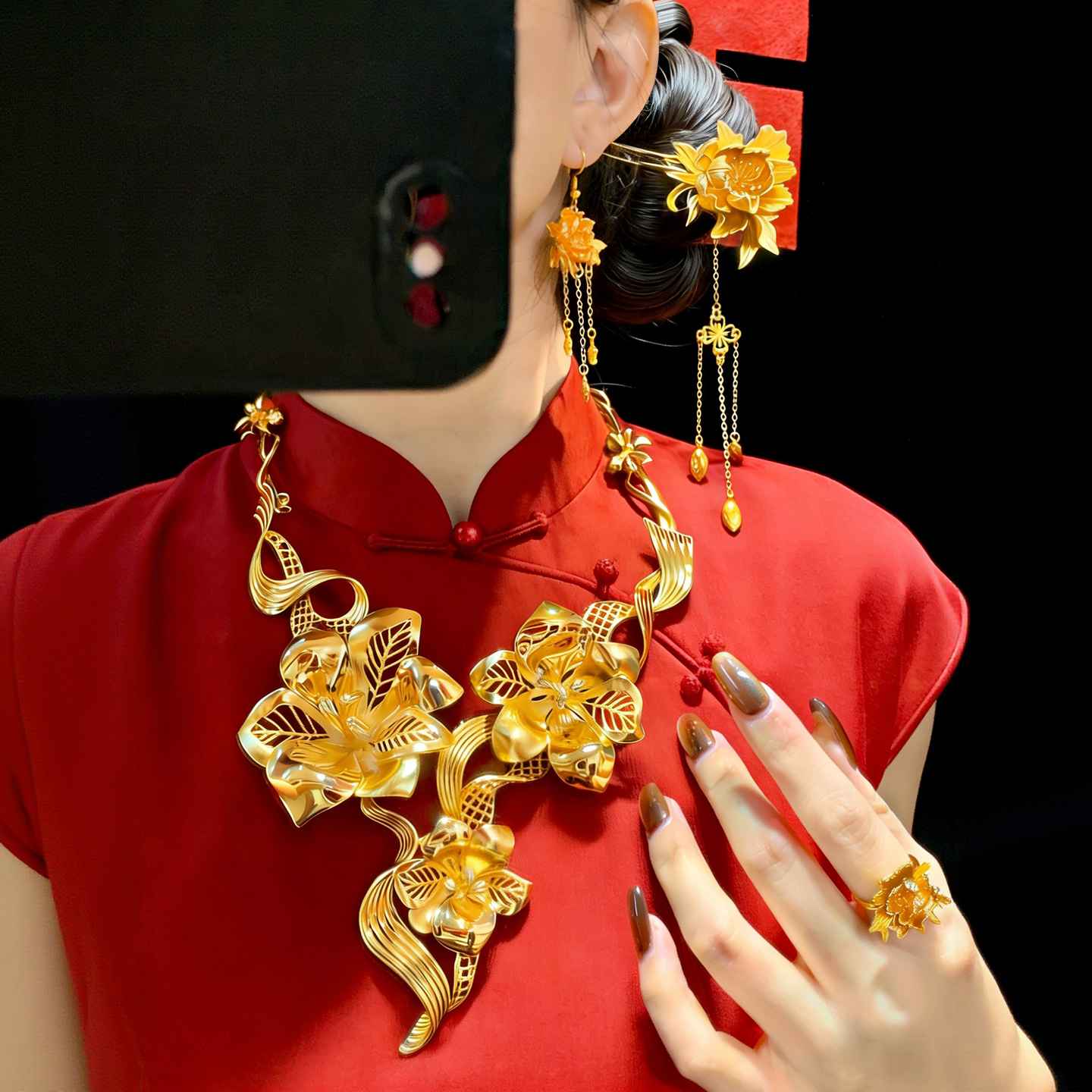 新中式镀金牡丹花流苏步摇新娘订婚旗袍发簪结婚古典簪子首饰女