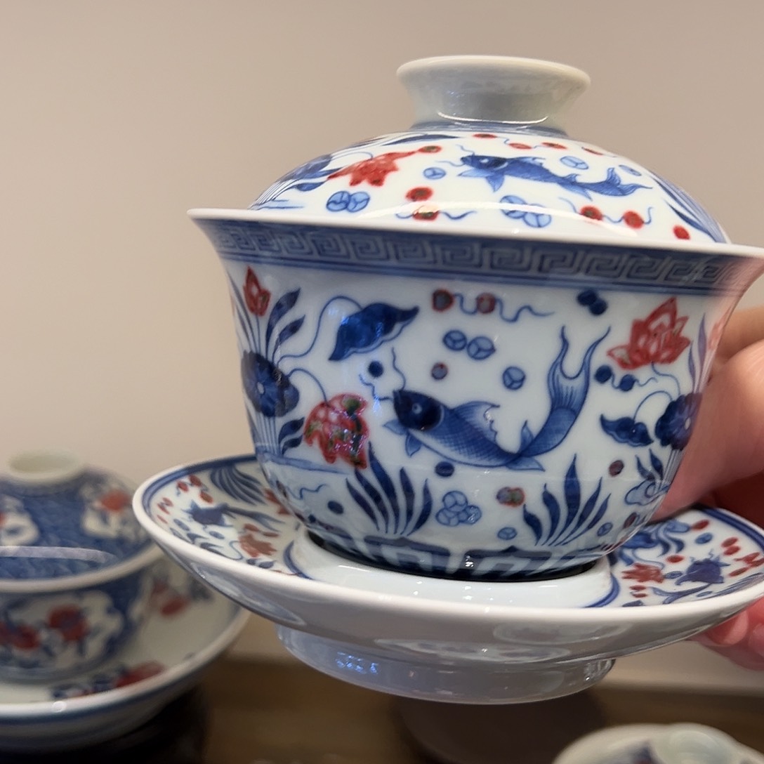 臻玉古坊原矿青花釉里红盖碗