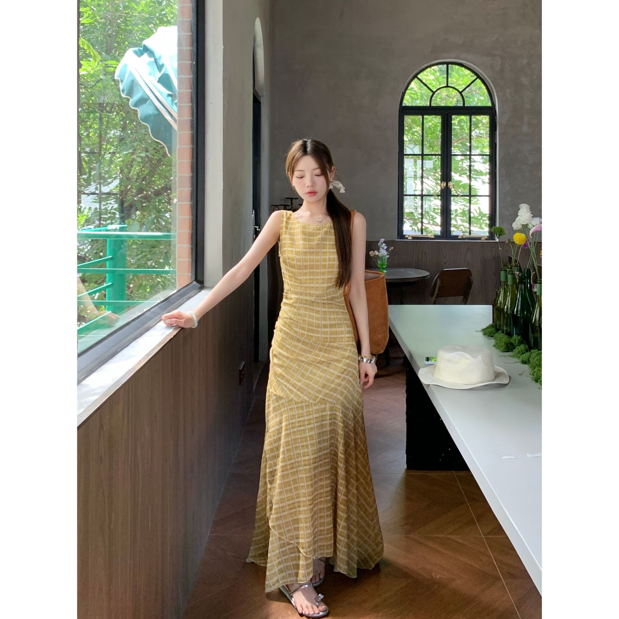 【叶轻舟】复古格纹无袖连衣裙女夏季雪纺印花背心长裙