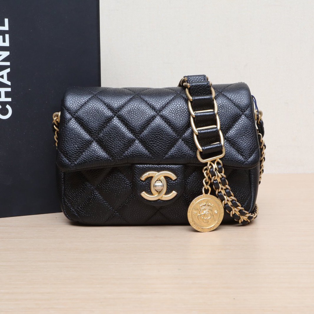 95新 Chanel/香奈儿 【黑黑】21A CF 口盖包 金币双皮穿链