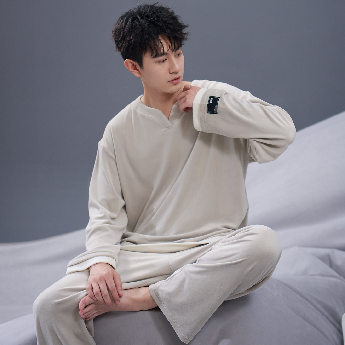 马克公主男士海岛绒睡衣男秋冬款假两件薄绒恒温休闲可外穿家居服