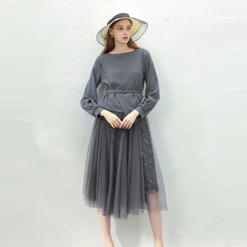 圣迪奥网纱印花收腰气质针织衫女装连衣裙S231Z1408