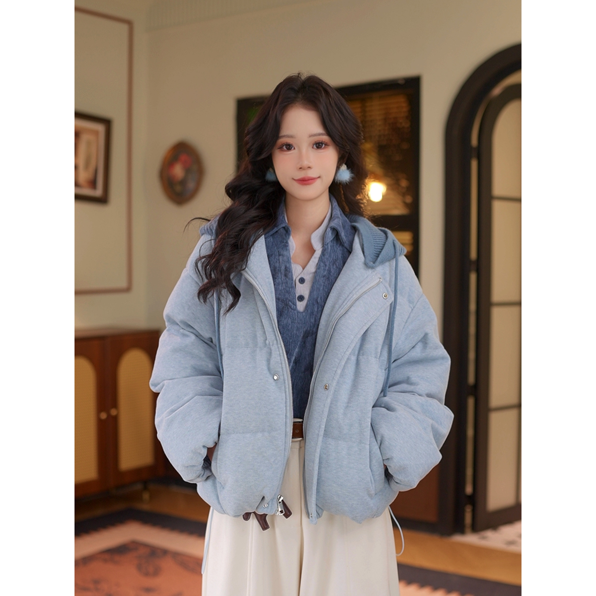 DaYuanSAD芷莹针织连帽棉衣外套女冬季百搭加厚保暖棉服#K10331