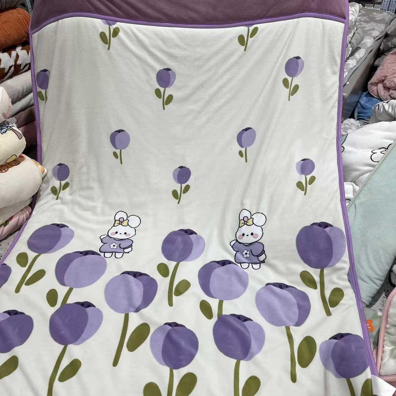 紫色郁金香单人1.5*2.0被子印花多功能奶绒单人双面加厚