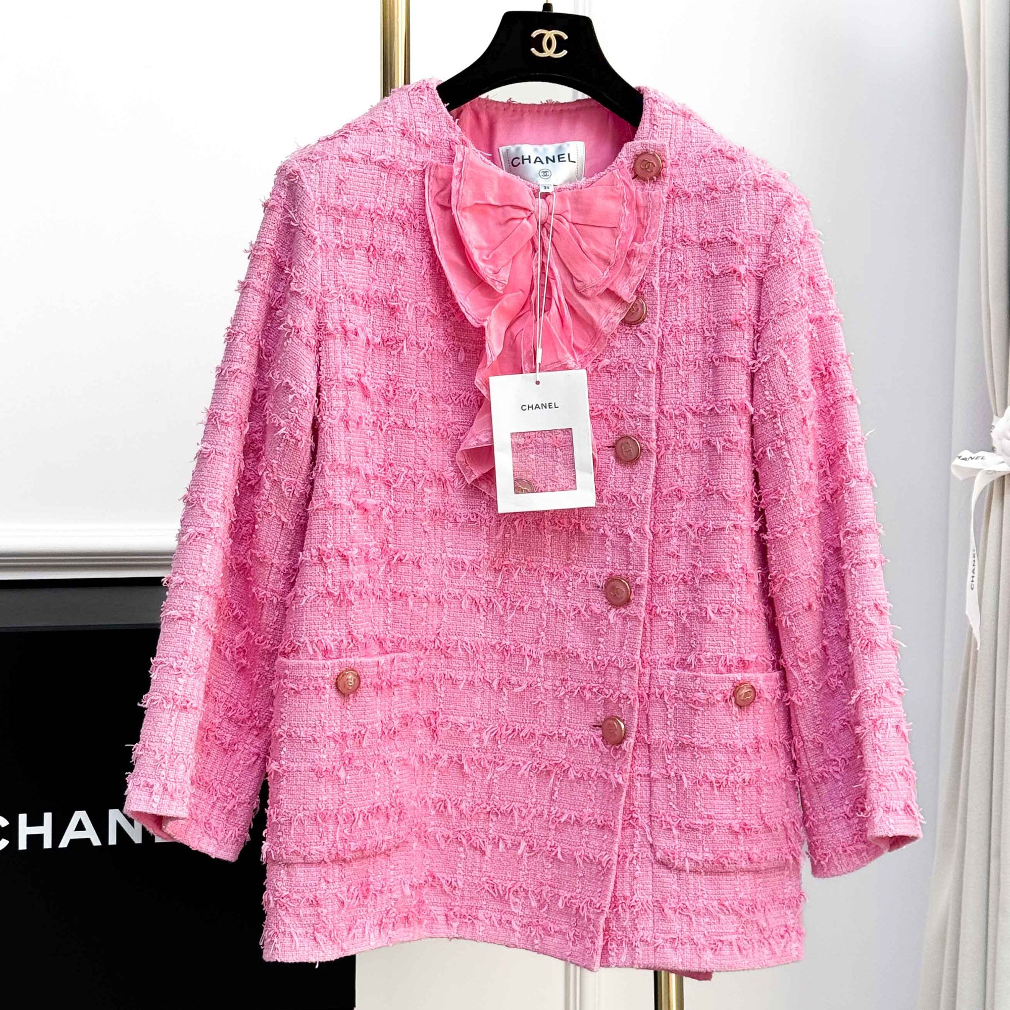 99新 Chanel/香奈儿 36码23C早春度假粉色编织蝴蝶结外套