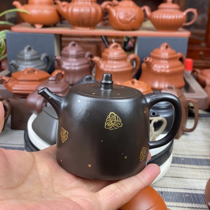 紫砂茶壶全手工汉铎200cc原矿赵庄朱泥捂灰描金丝