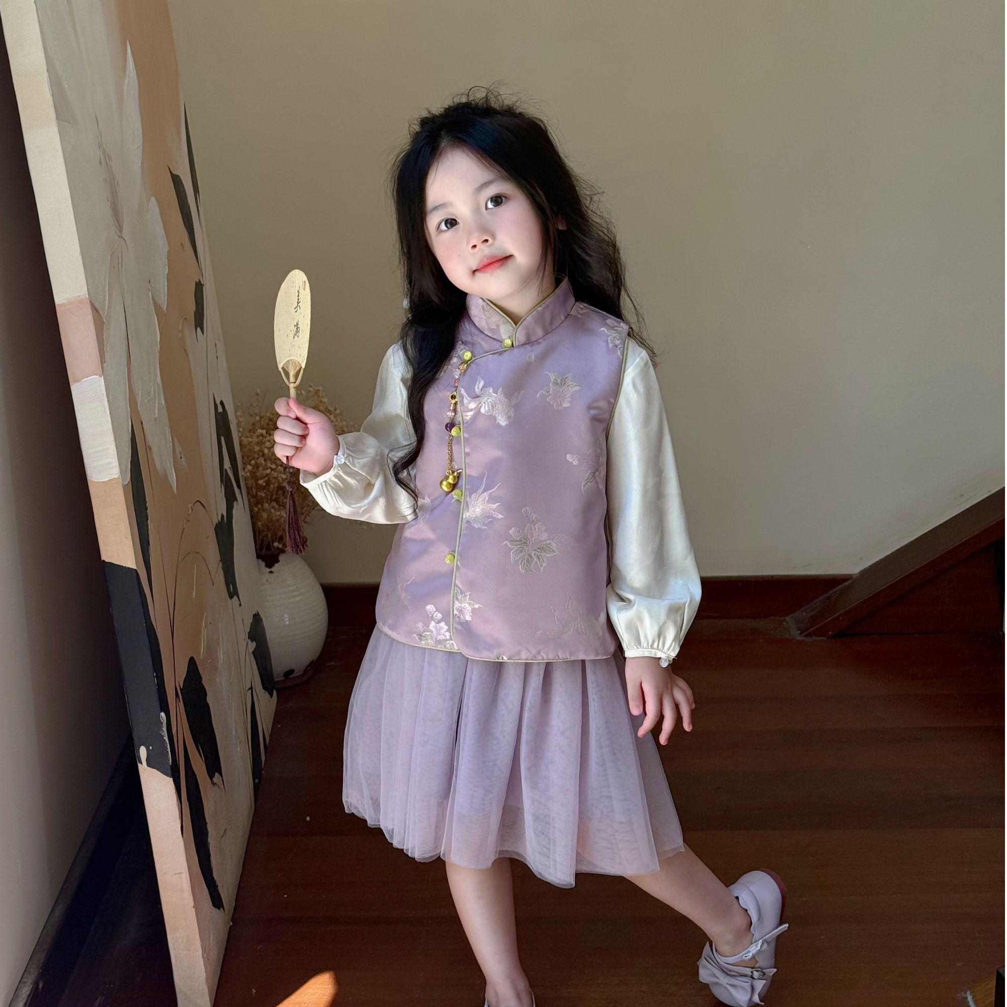2025早春童装女童唐装新款儿童新中式马甲汉服女宝宝紫色蓬蓬裙