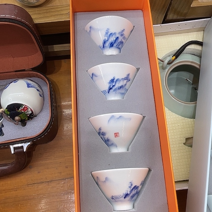 ^***凡青花手工斗笠杯四个