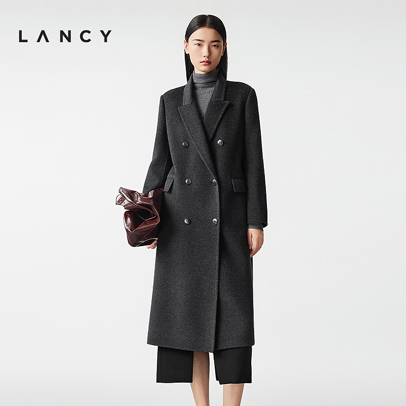 【羊毛羊绒】LANCY/朗姿2025冬新款双面呢西装领长大衣百搭外套女