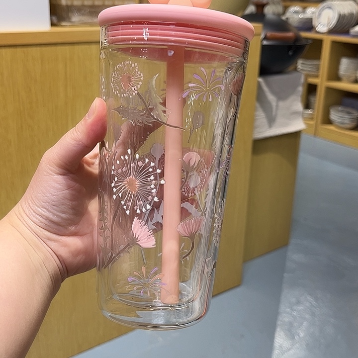 水晶玻璃吸管款粉色是600毫升shubgc双层玻璃杯