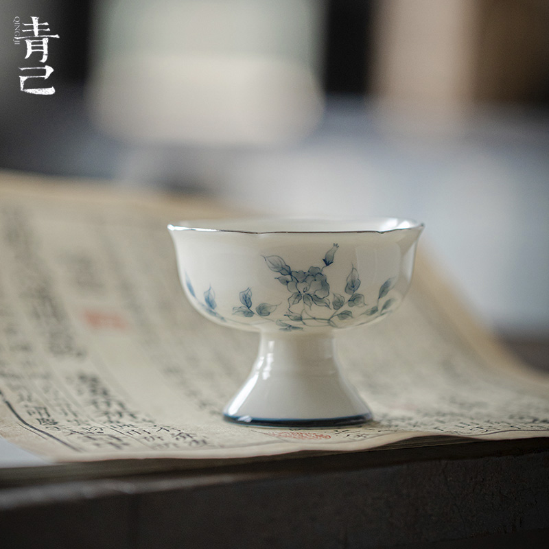 青己仿宋高足主人杯 手绘青花釉下彩文人器茶杯 萍踪雅歌品茗杯