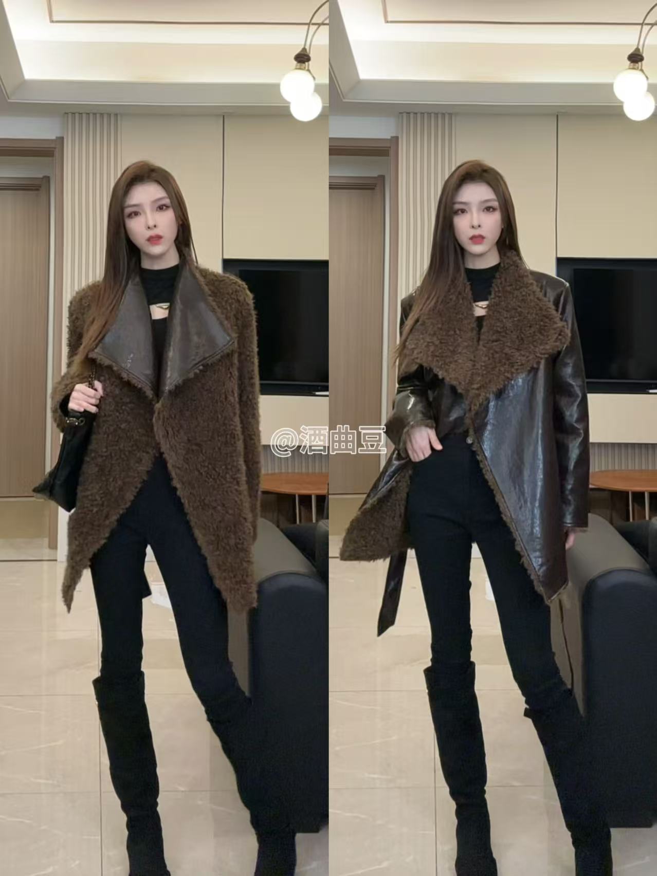 【酒曲豆】现货2025冬季中长款保暖时尚欧货新款加绒皮衣外套9922