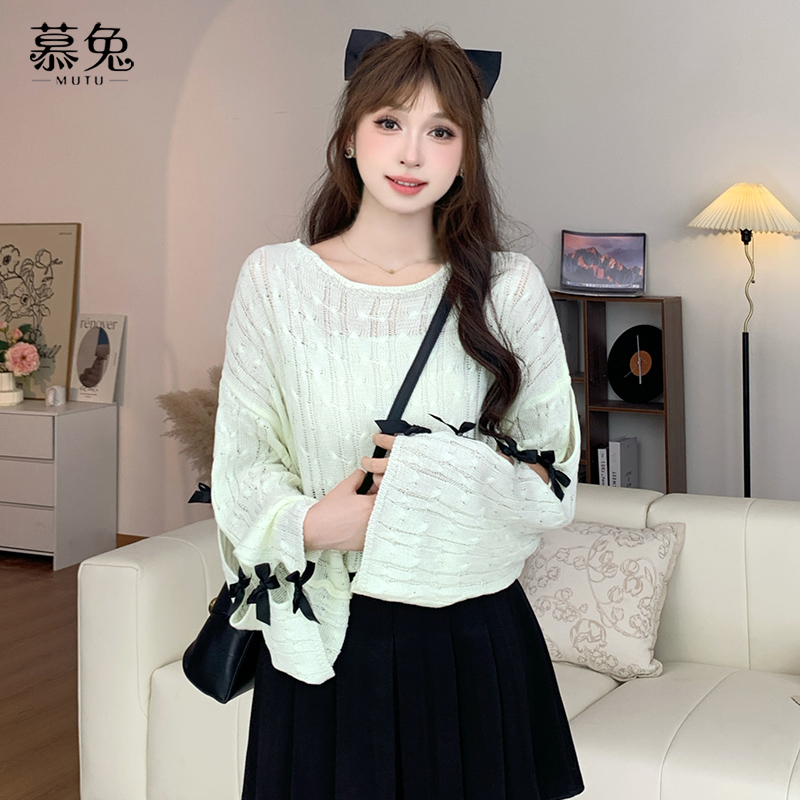 慕兔慵懒风宽松针织罩衫女秋2024新款法式甜美蝴蝶结镂空长袖上衣