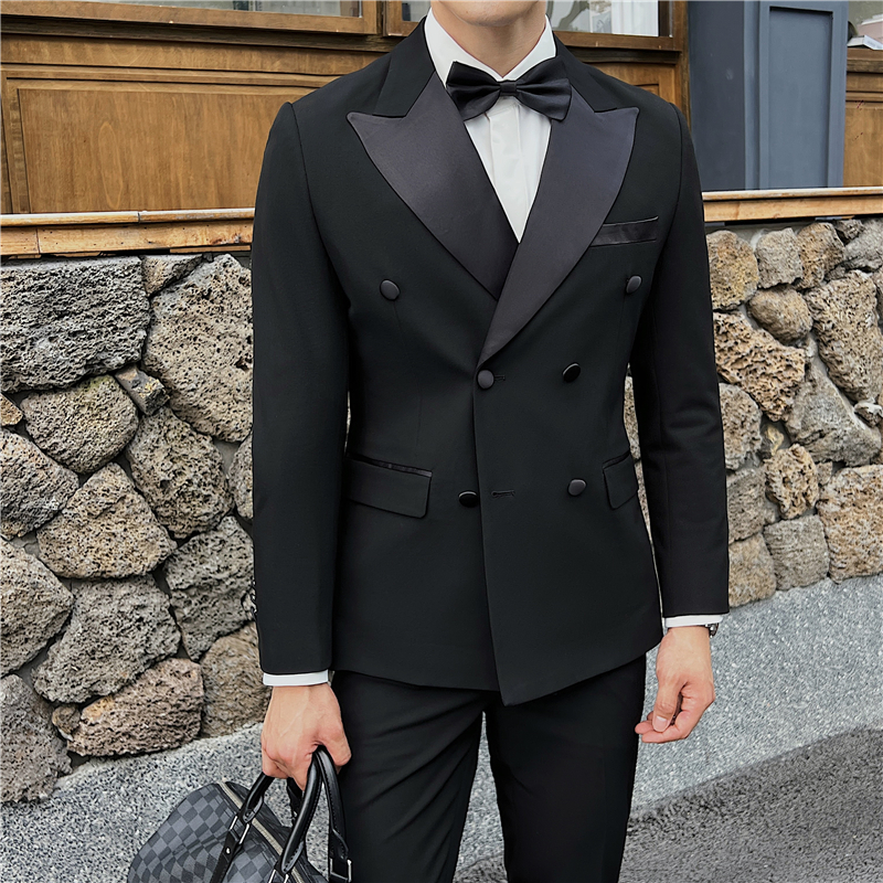 宴会礼服套装男士枪驳领双排扣西装外套秋冬西服上衣商务工作结婚