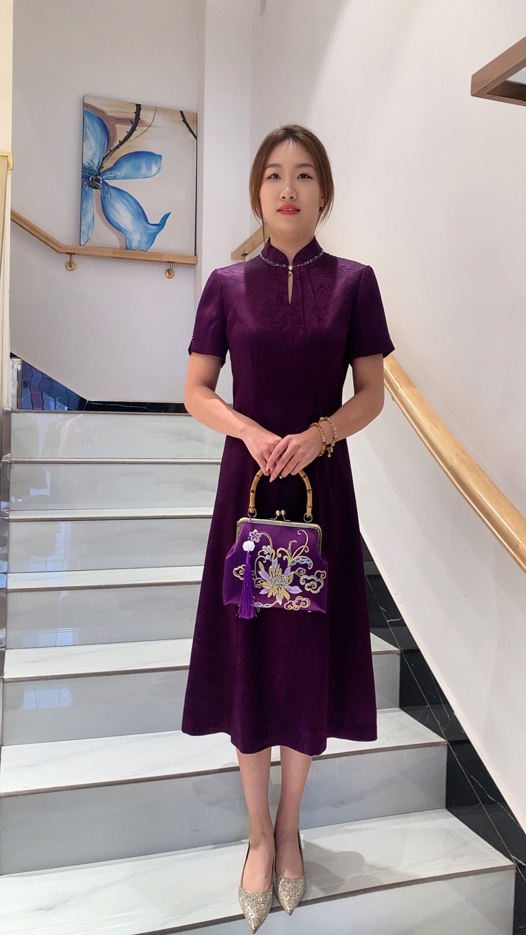 L170157修身显瘦水滴旗袍领高级定制高端醋酸礼服