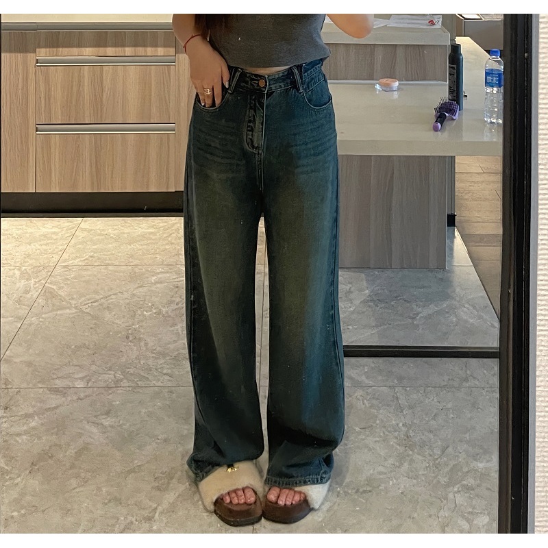 盈盈&南岛风高腰阔腿直筒拖地复古微喇大码胖mm牛仔裤女士ZYY358