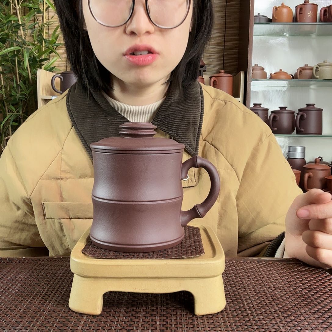 紫砂茶杯原矿深井紫泥小竹段三件套没礼盒整口300CC