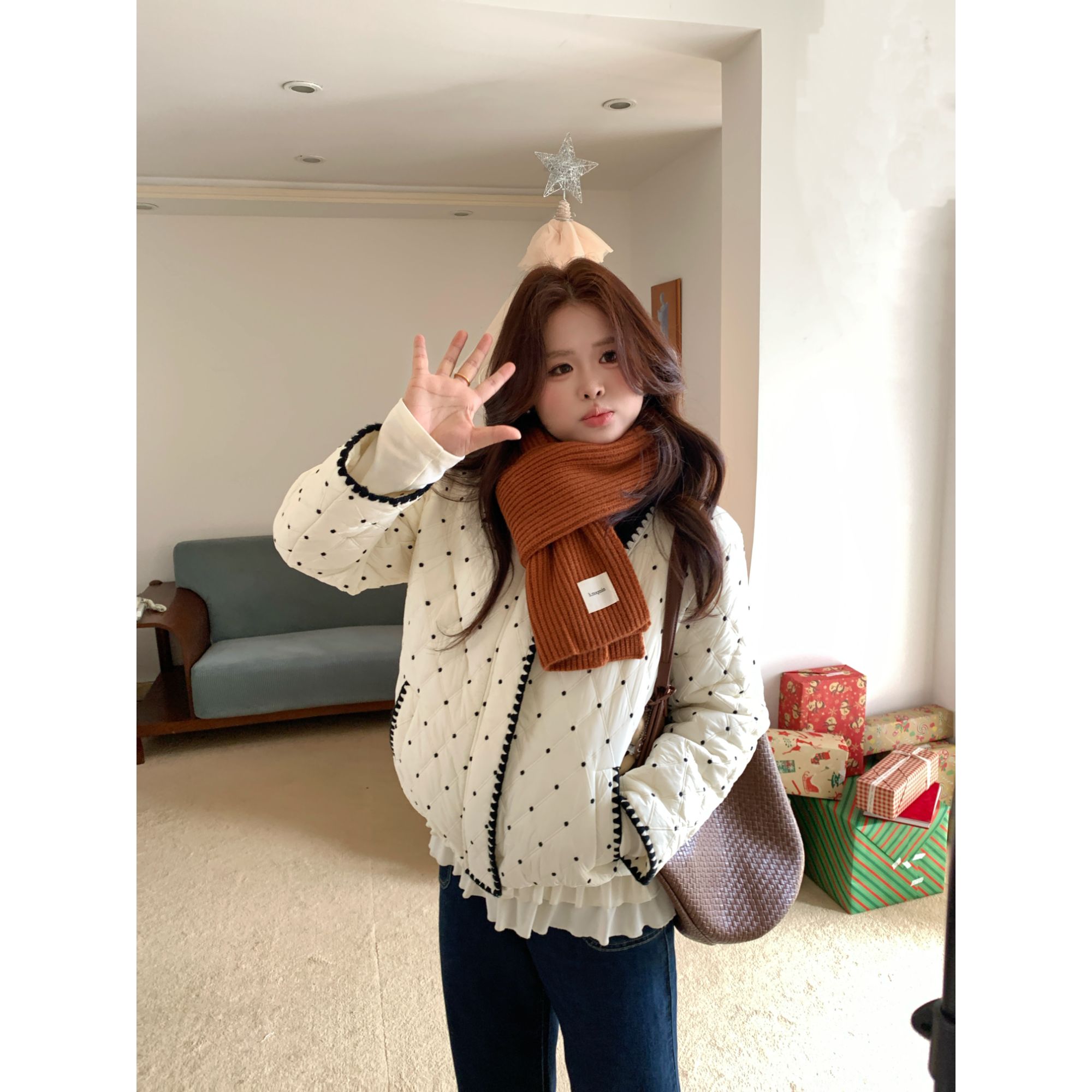 【暖冬序曲】大头婷丫丫微胖洋气独特别致小棉袄白色波点外套 ZX278