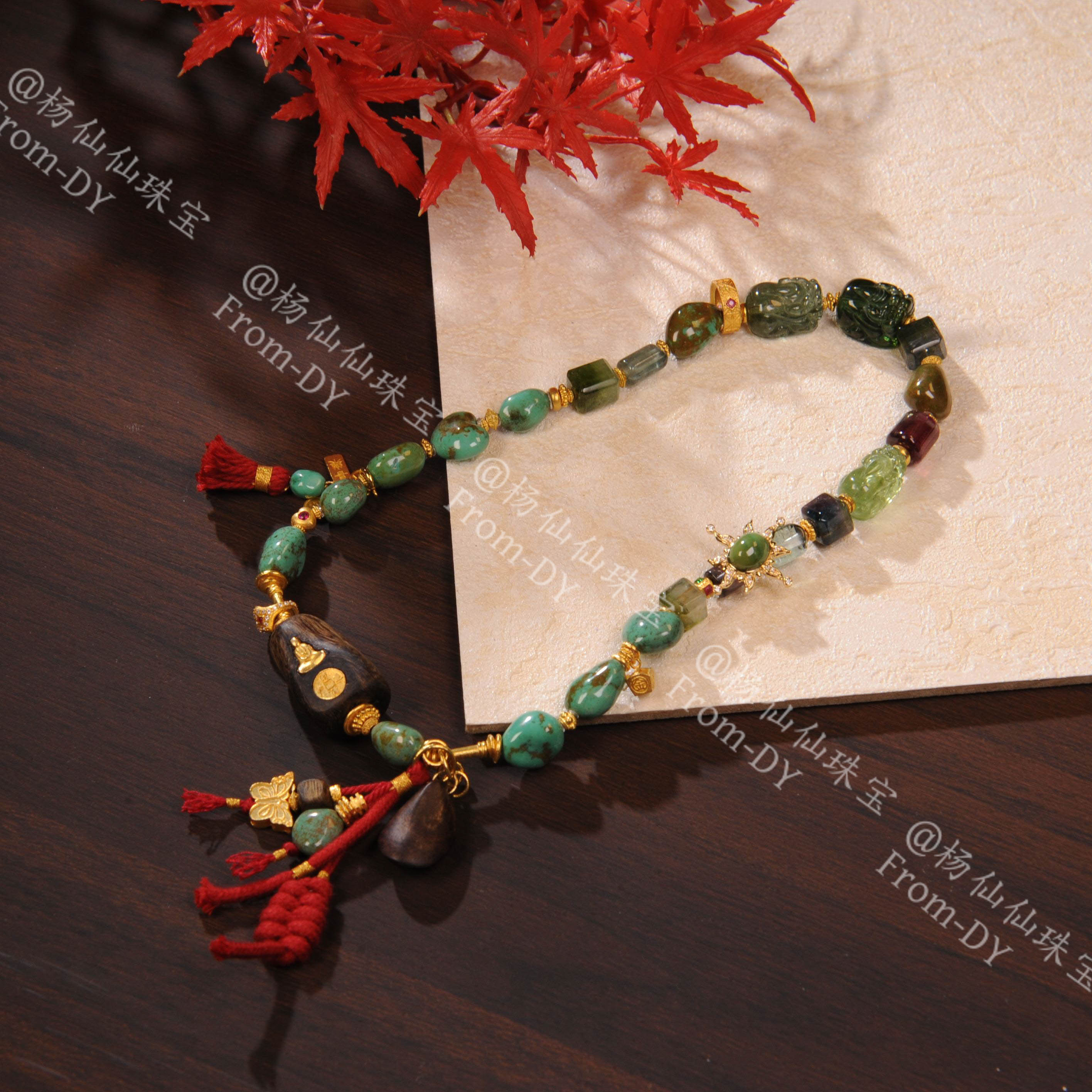 18K厚金镶嵌绿松石（文莱留疤镶金+达拉干象+棋楠）多宝手串-A3658