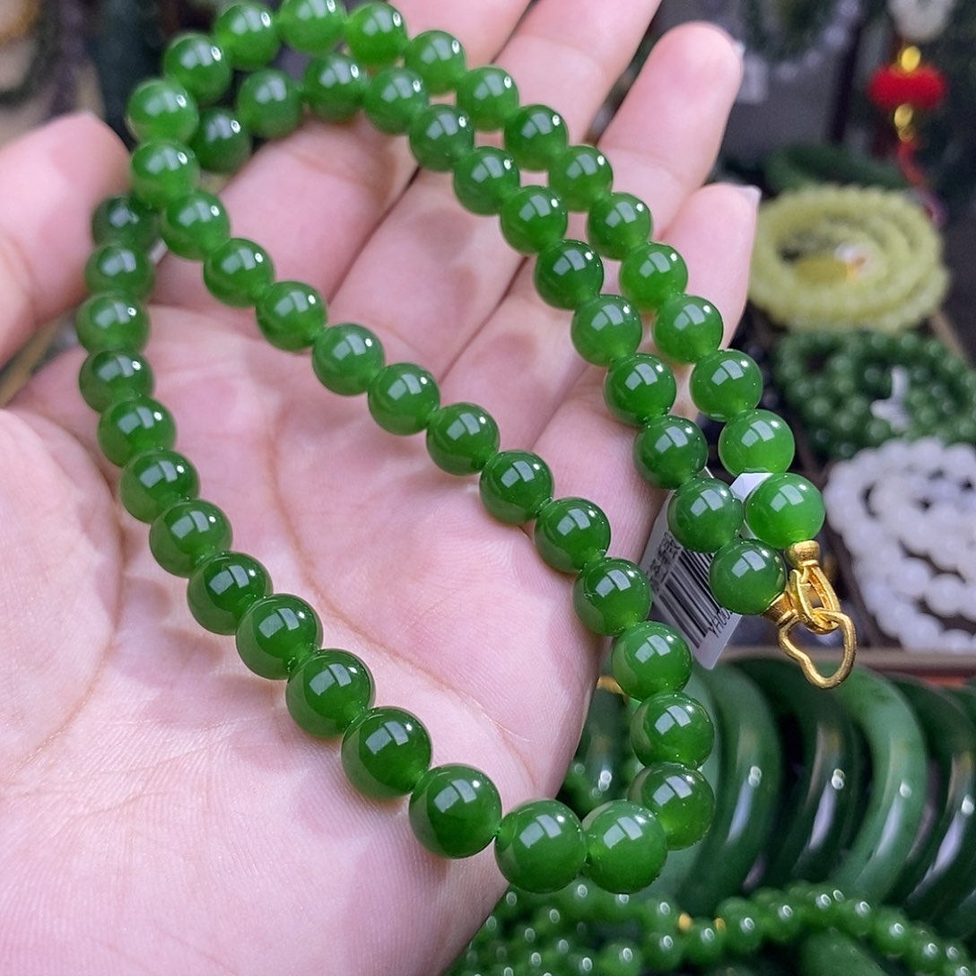 和田玉收藏级碧玉老矿辣阳绿冰底妈妈链8mm未镶嵌