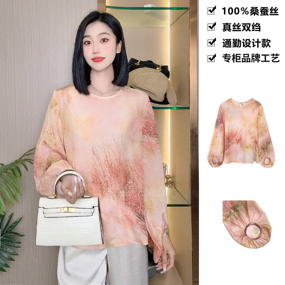 100真丝双绉T恤温柔显白蜜桃色晕染彩色印花桑蚕丝T恤上衣DLX306